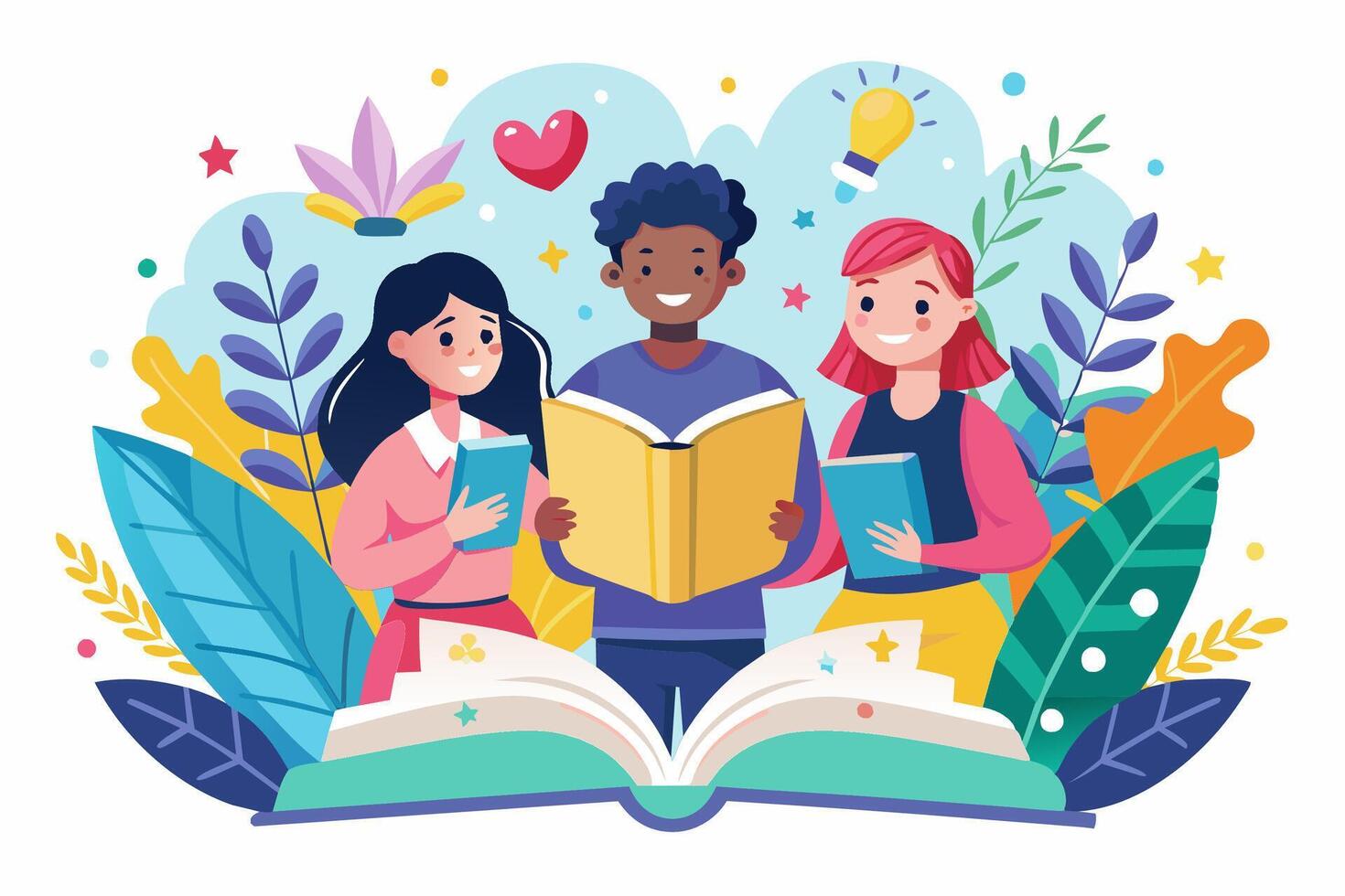 Children happily reading and sharing books together during leisure time vector