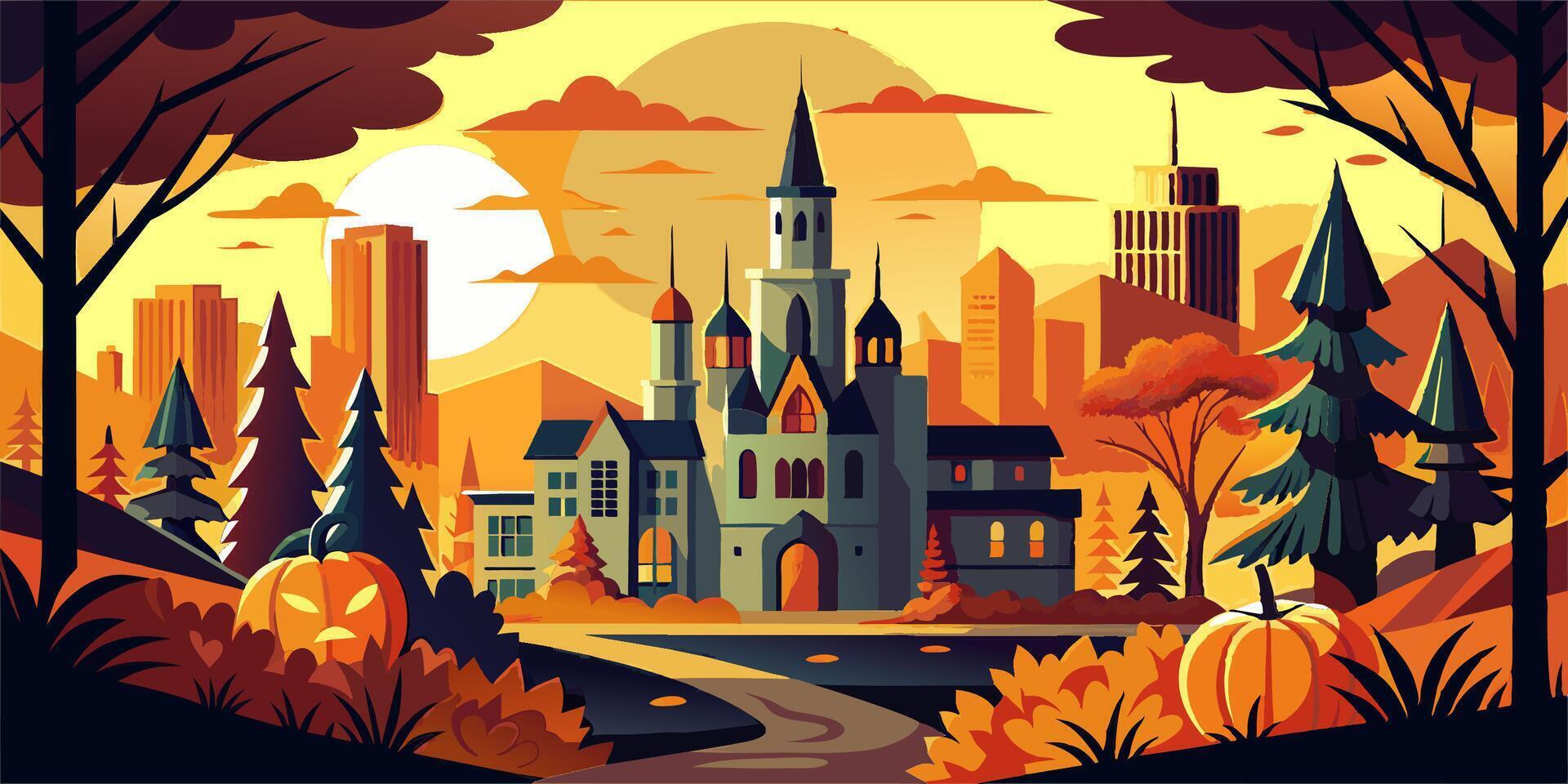 Castle in forest with pumpkins in front, amid natural landscape under sky vector