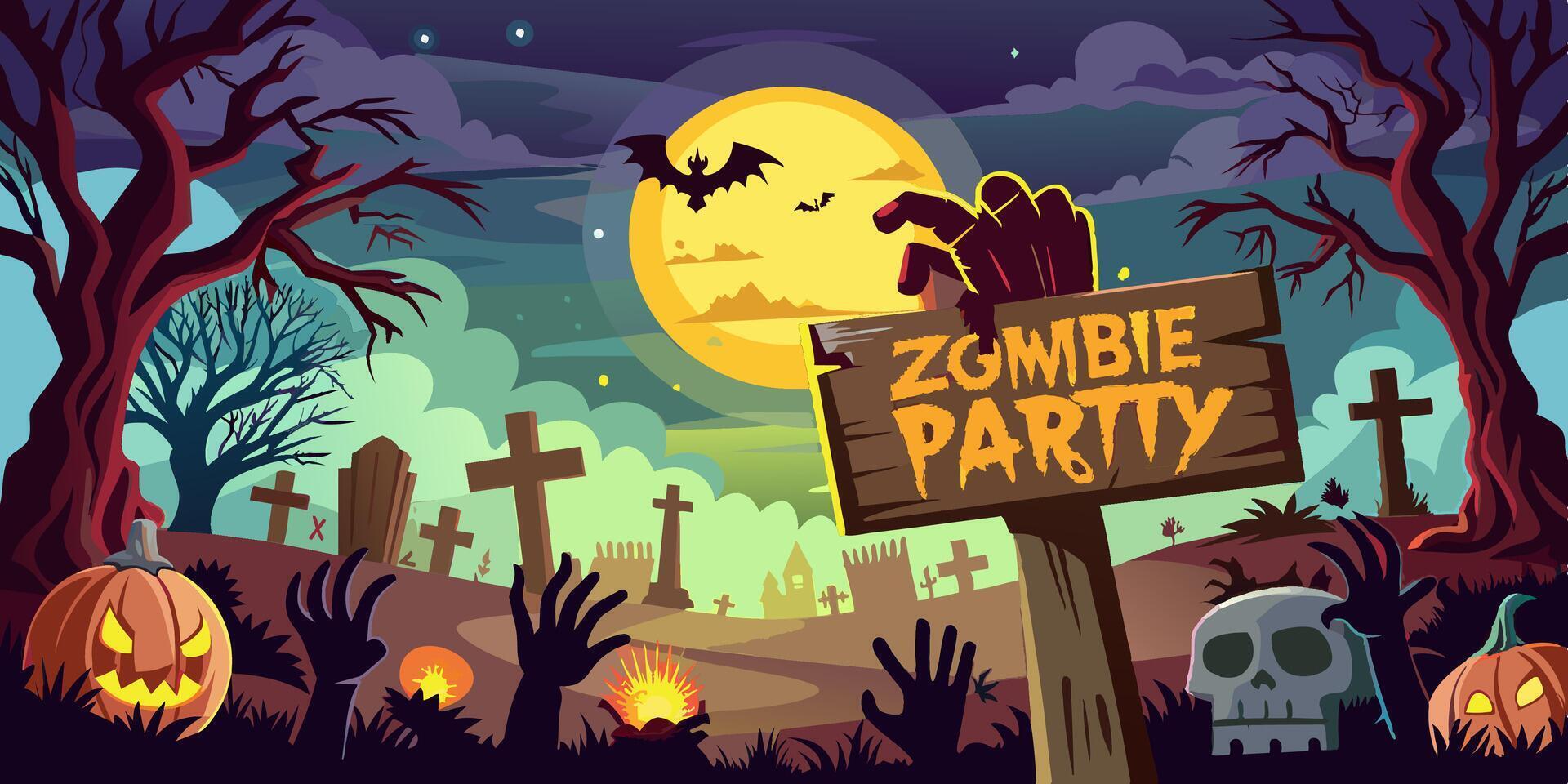A cartoon illustration depicting a zombie party taking place in a cemetery vector
