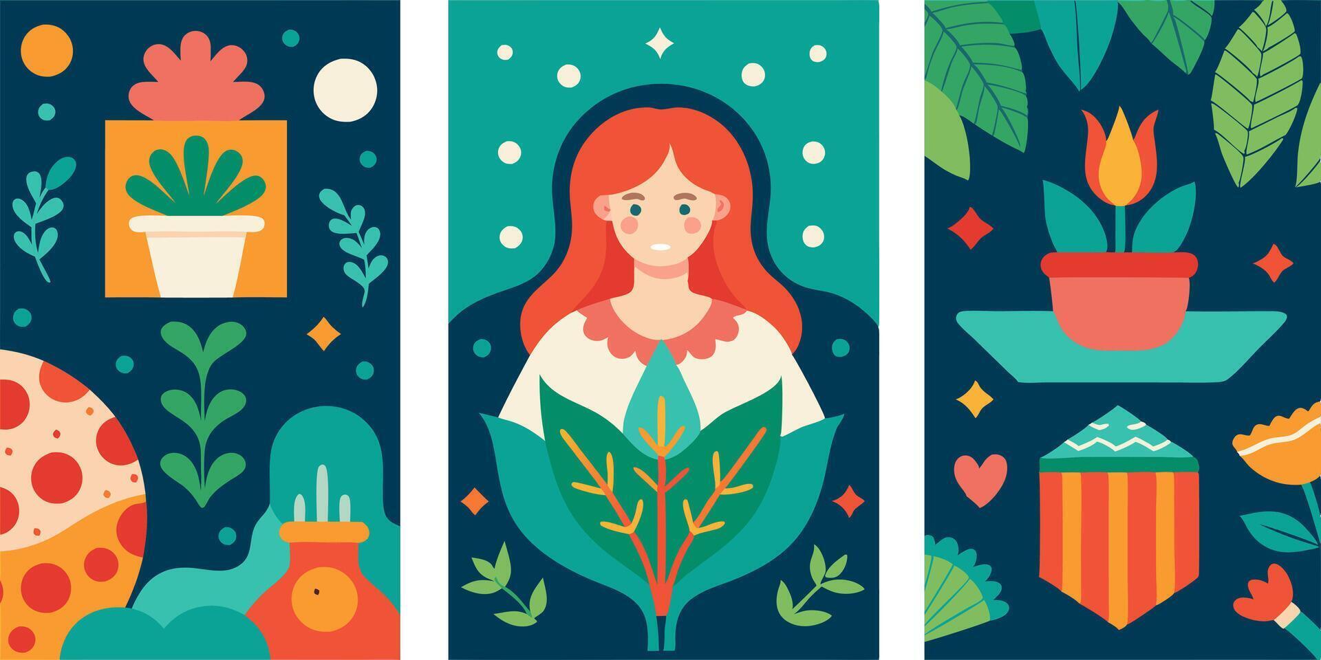 A woman with red hair in an artsy environment among plants and leaves vector