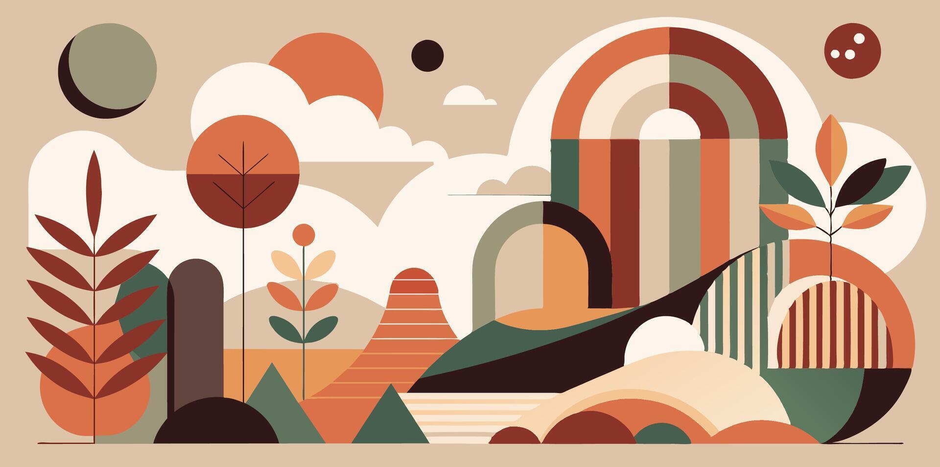 A landscape with trees, mountains, clouds, and a rainbow vector