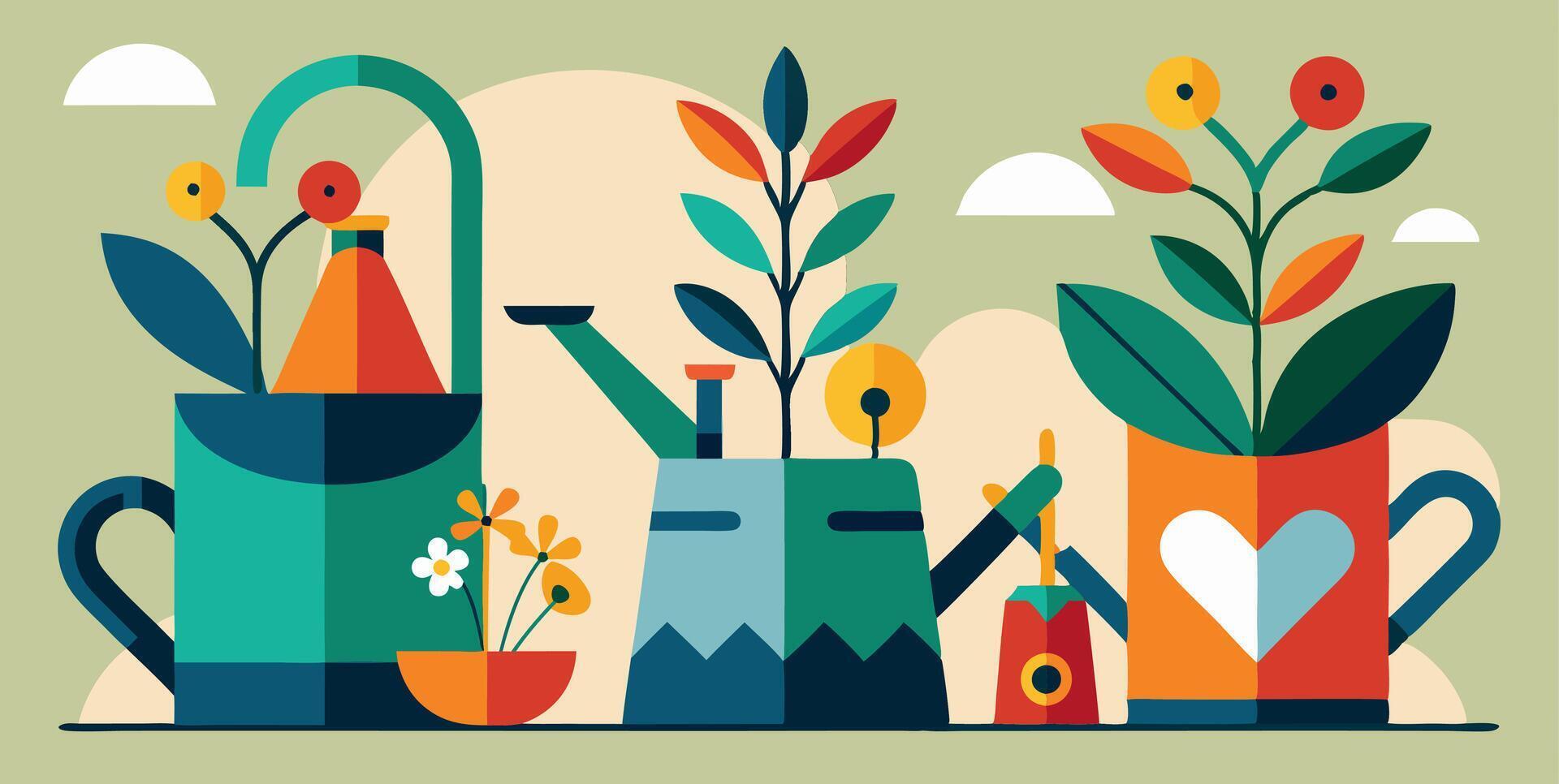 An art piece showing watering cans and potted plants in vibrant colors vector