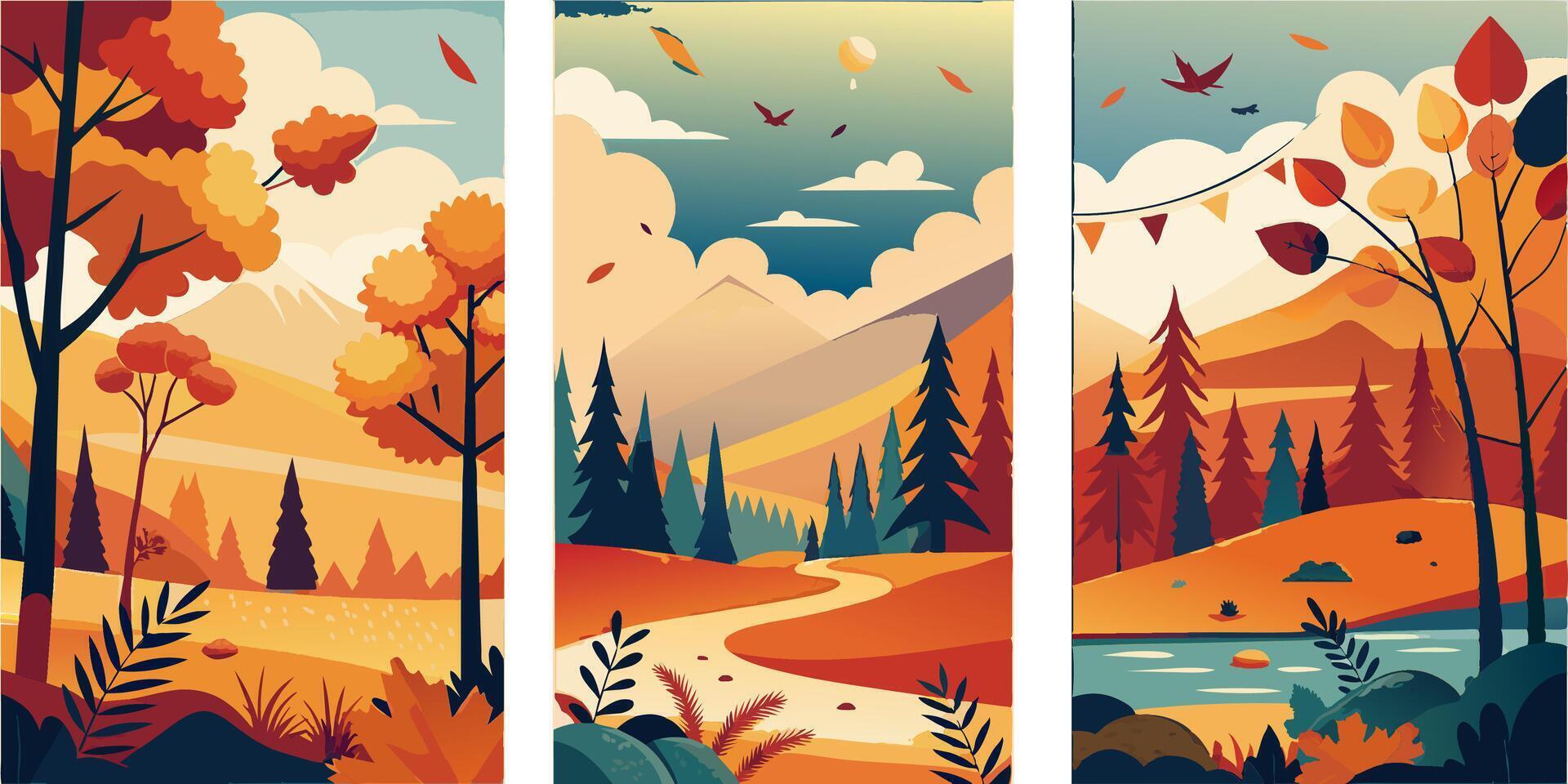 Three autumn landscapes with trees, mountains, and a river vector
