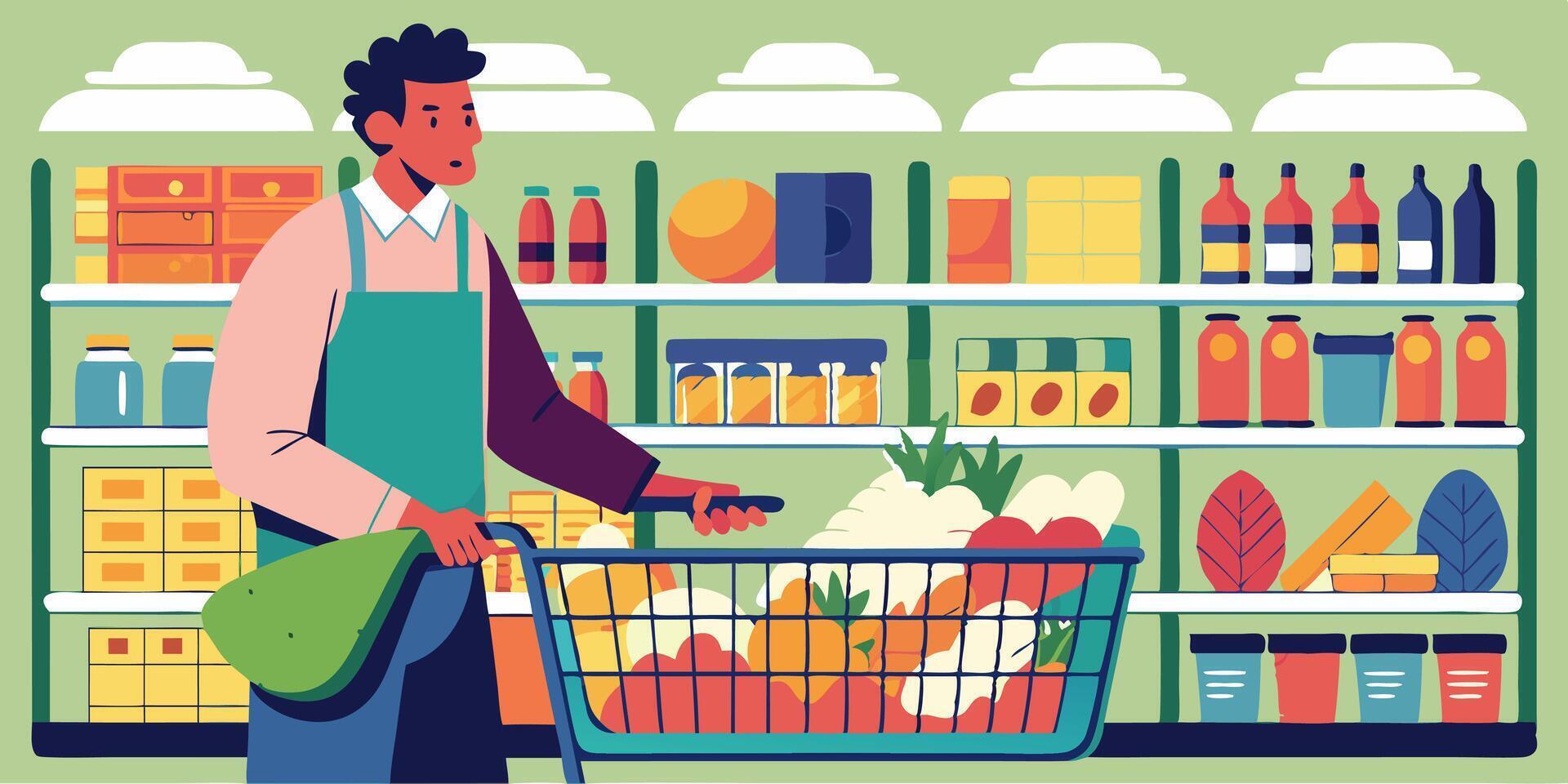 Man shopping for fresh produce in a supermarket aisle vector
