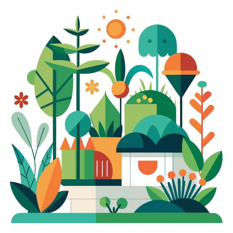 A cartoon illustration of a house with plants and trees around vector