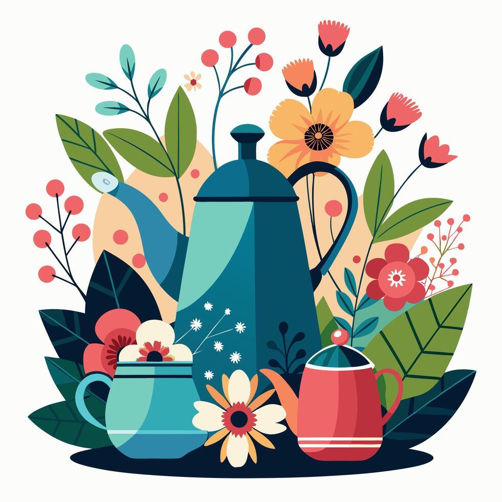 A beautiful arrangement with a teapot, cup, flowers and leaves vector