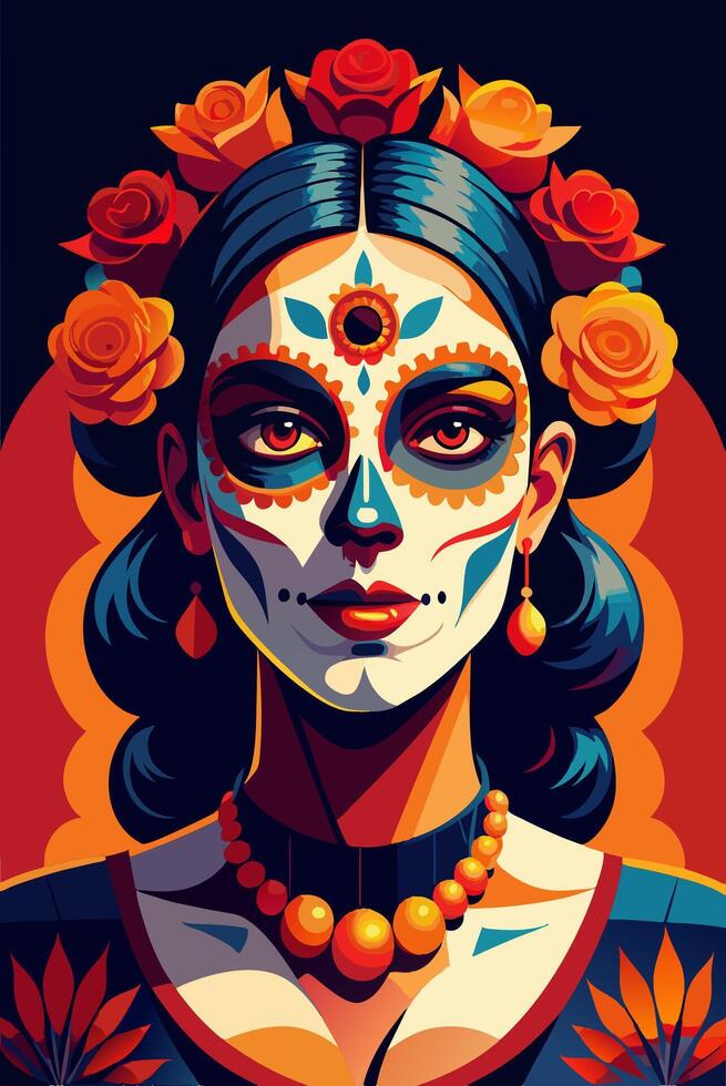 A celebration of the Day of the Dead featuring a woman with face paint and adorned with flowers vector