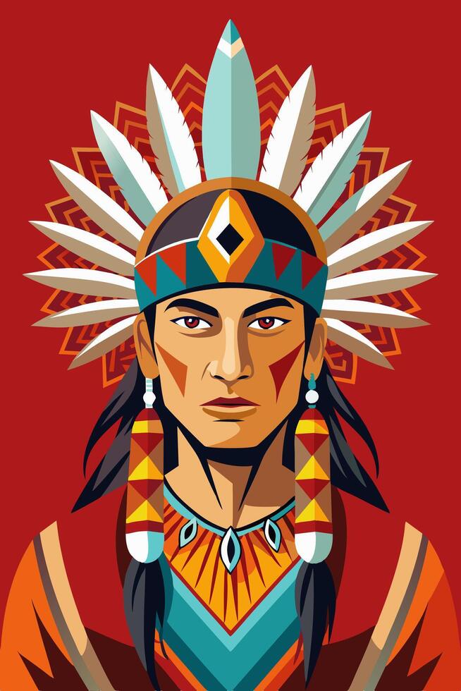 A man of native American descent is adorned with a headdress and earrings vector