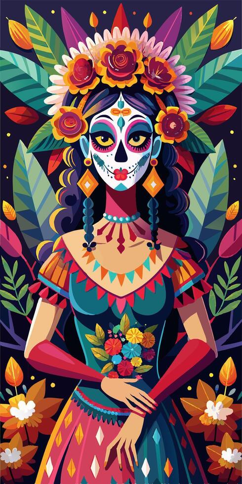 Day of the Dead artwork with floral headpiece, ideal for celebrating cultural tradition vector