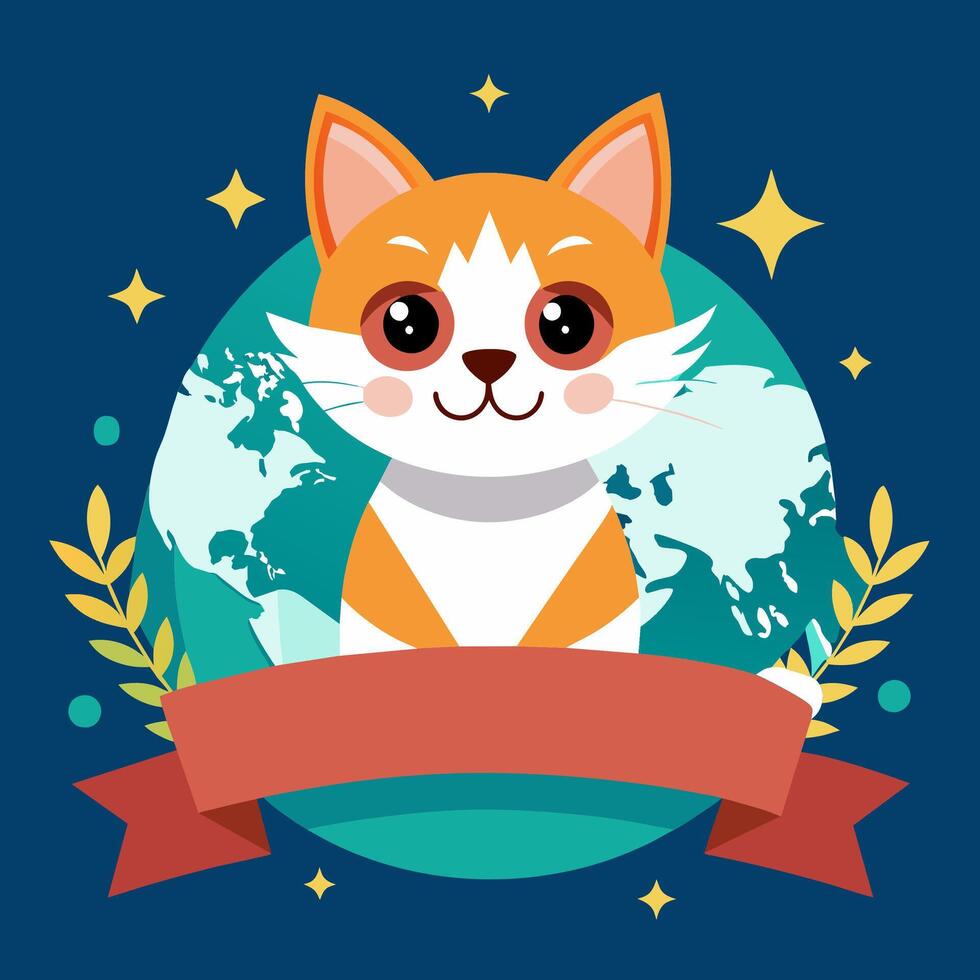 A cat sits atop a globe with a ribbon around it, a creative illustration vector