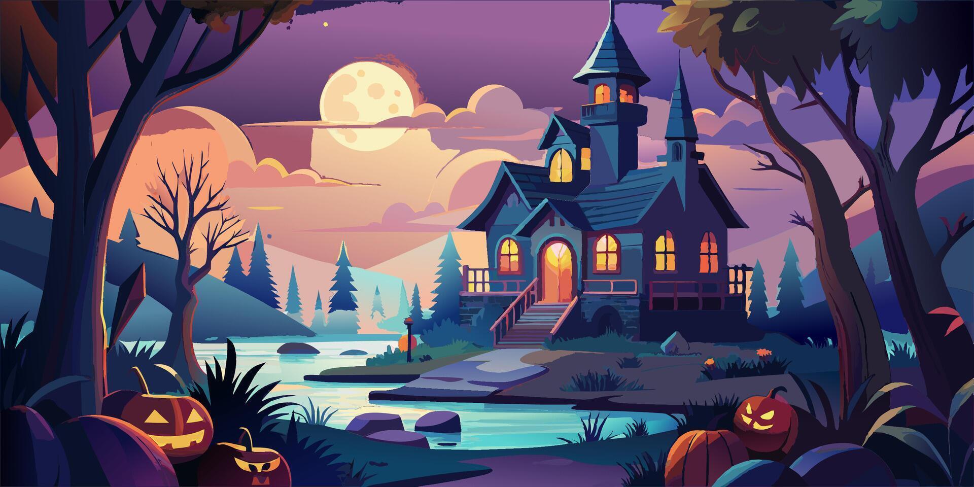 A haunted house in a forest at night with pumpkins vector