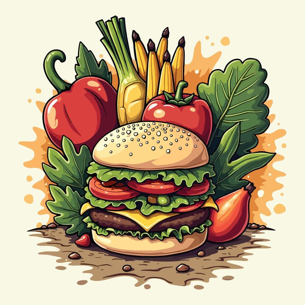 A hamburger with vegetables and other food vector