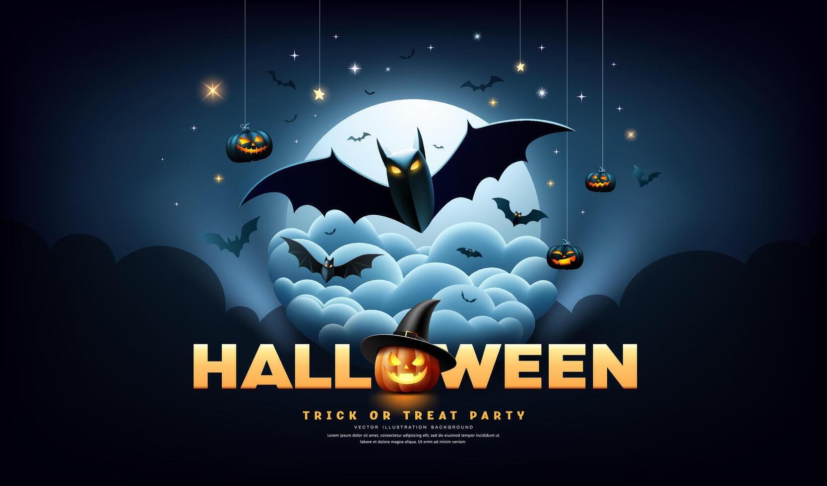 Happy Halloween message design, bats flying on cloud and full moon, pumpkin, star banner on dark blue background vector