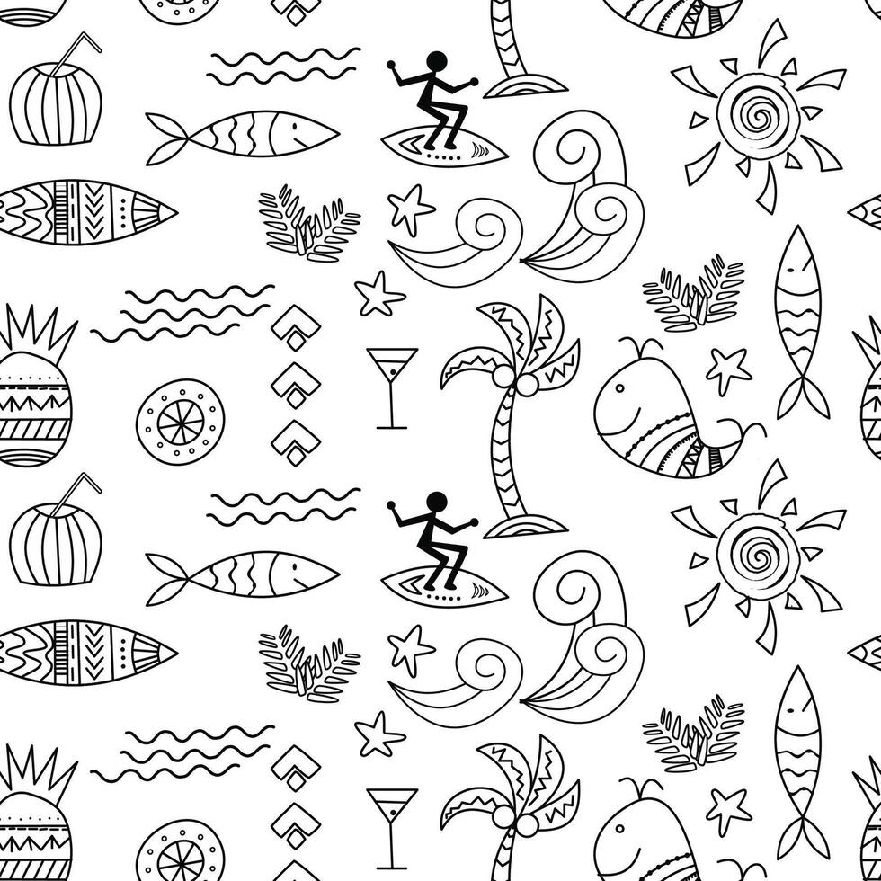 monochrome summer doodle drawing pattern vector