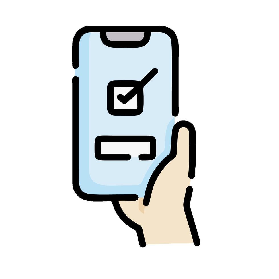 A hand holding a smartphone with a check mark on it vector