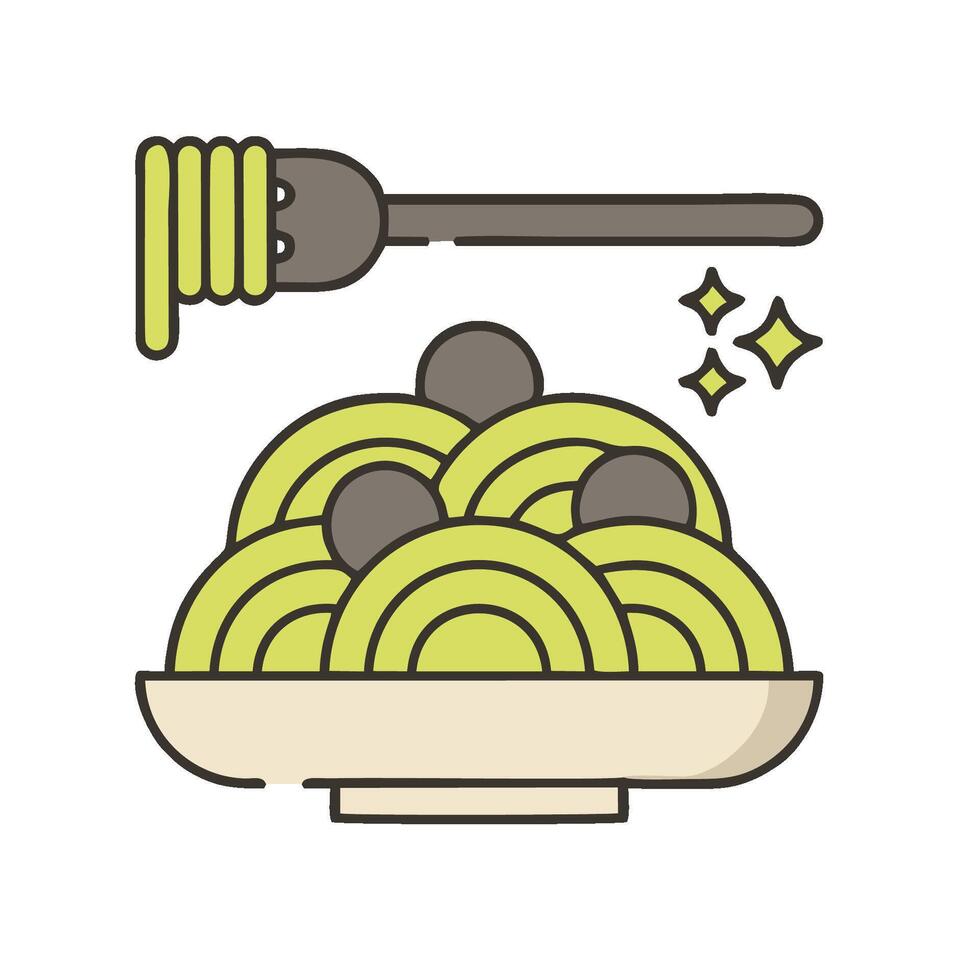 A bowl of green pasta with a spoon and a spoon vector