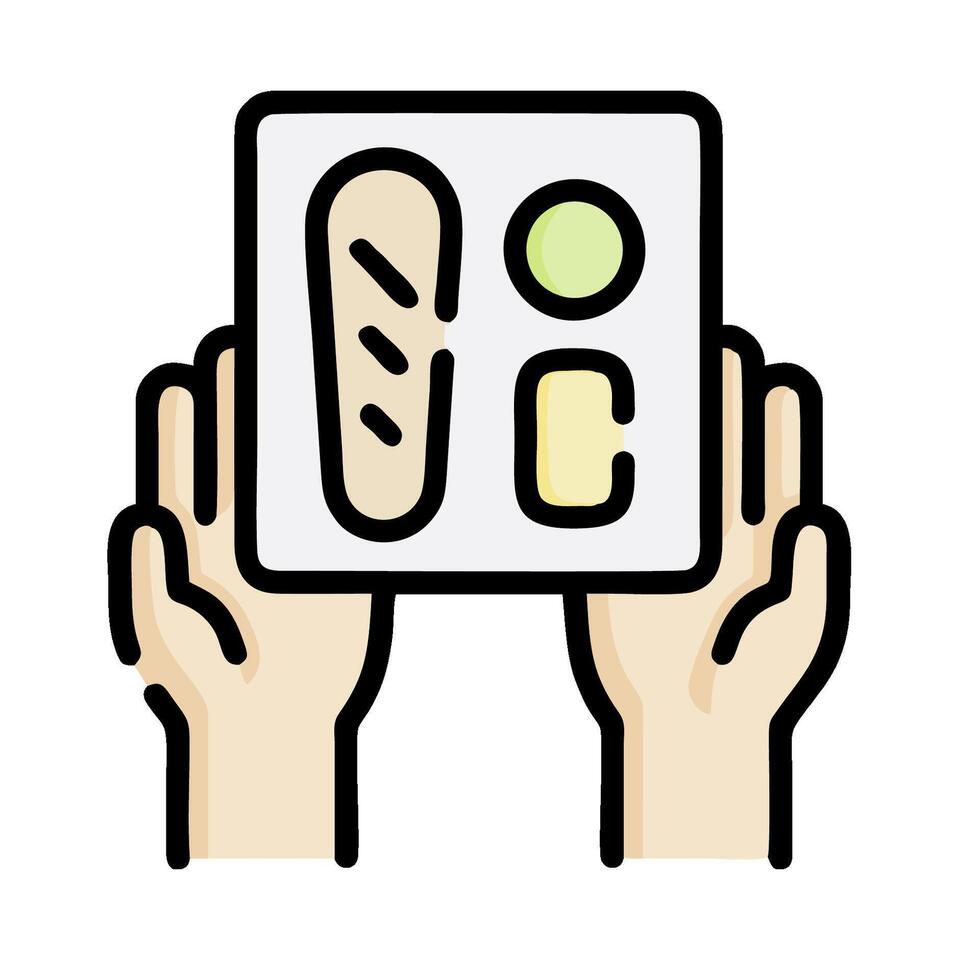 Hands holding a tray with food items vector