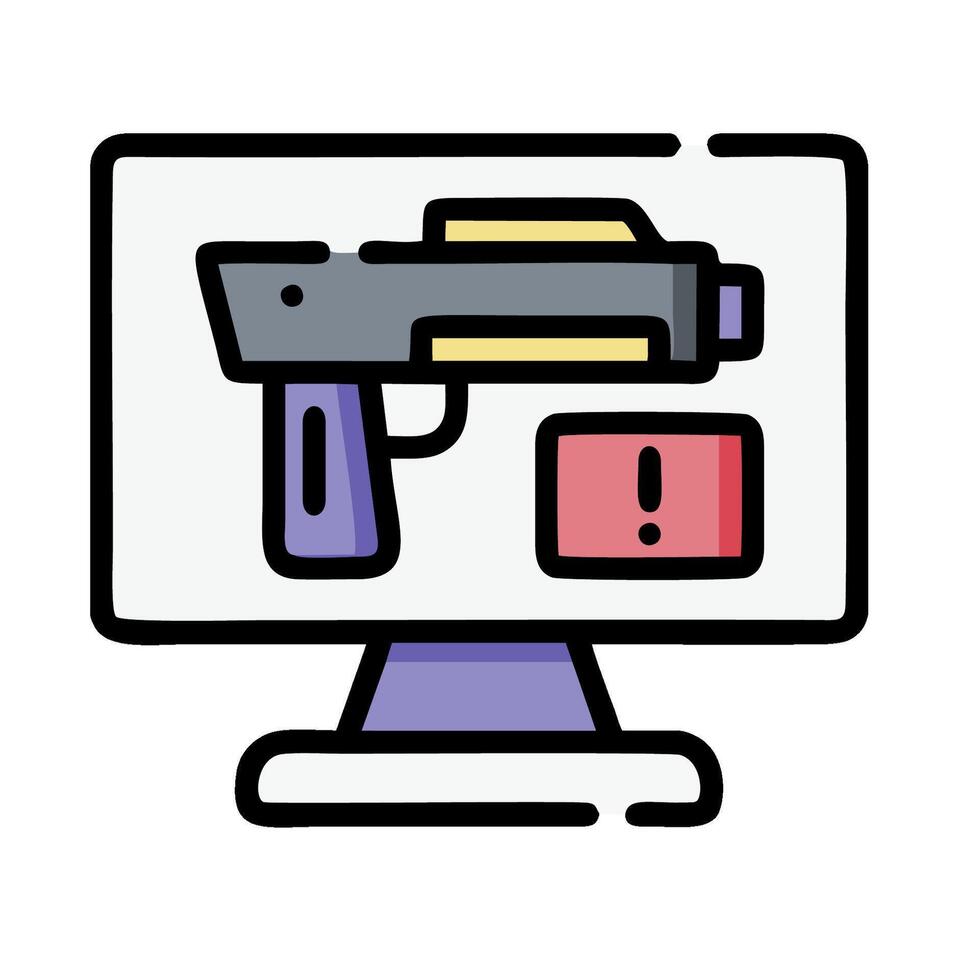 A gun is on a monitor with a red and yellow warning vector