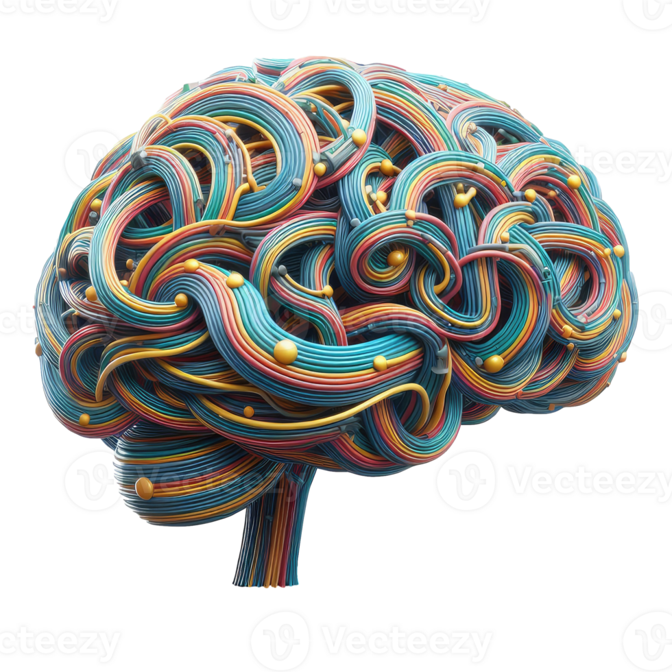A colorful brain with many wires inside png