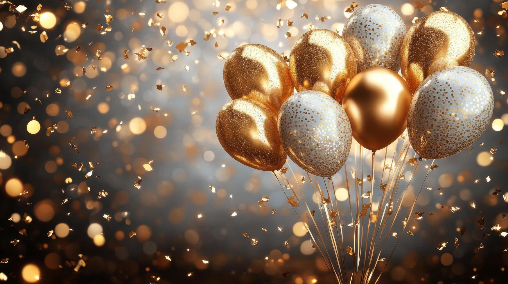 Golden balloons suspended in mid-air with sparkling confetti falling during a festive celebration photo