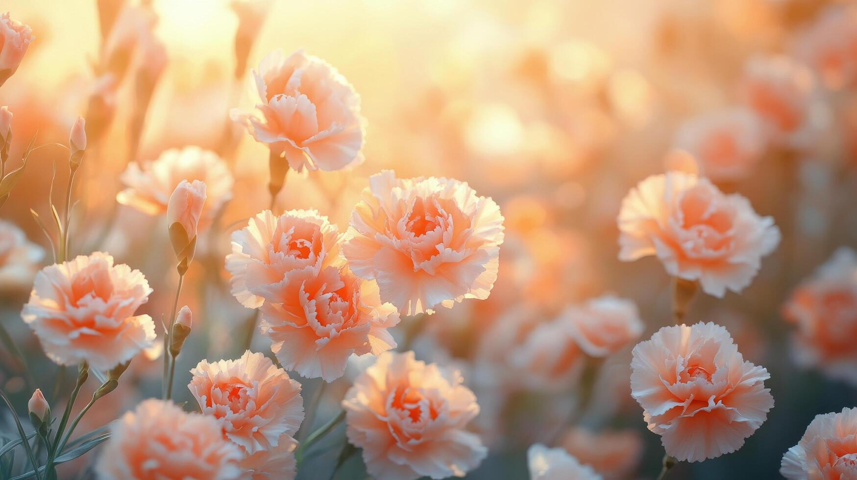 Colorful carnations blooming in a garden during sunset in vibrant hues of pink and white photo