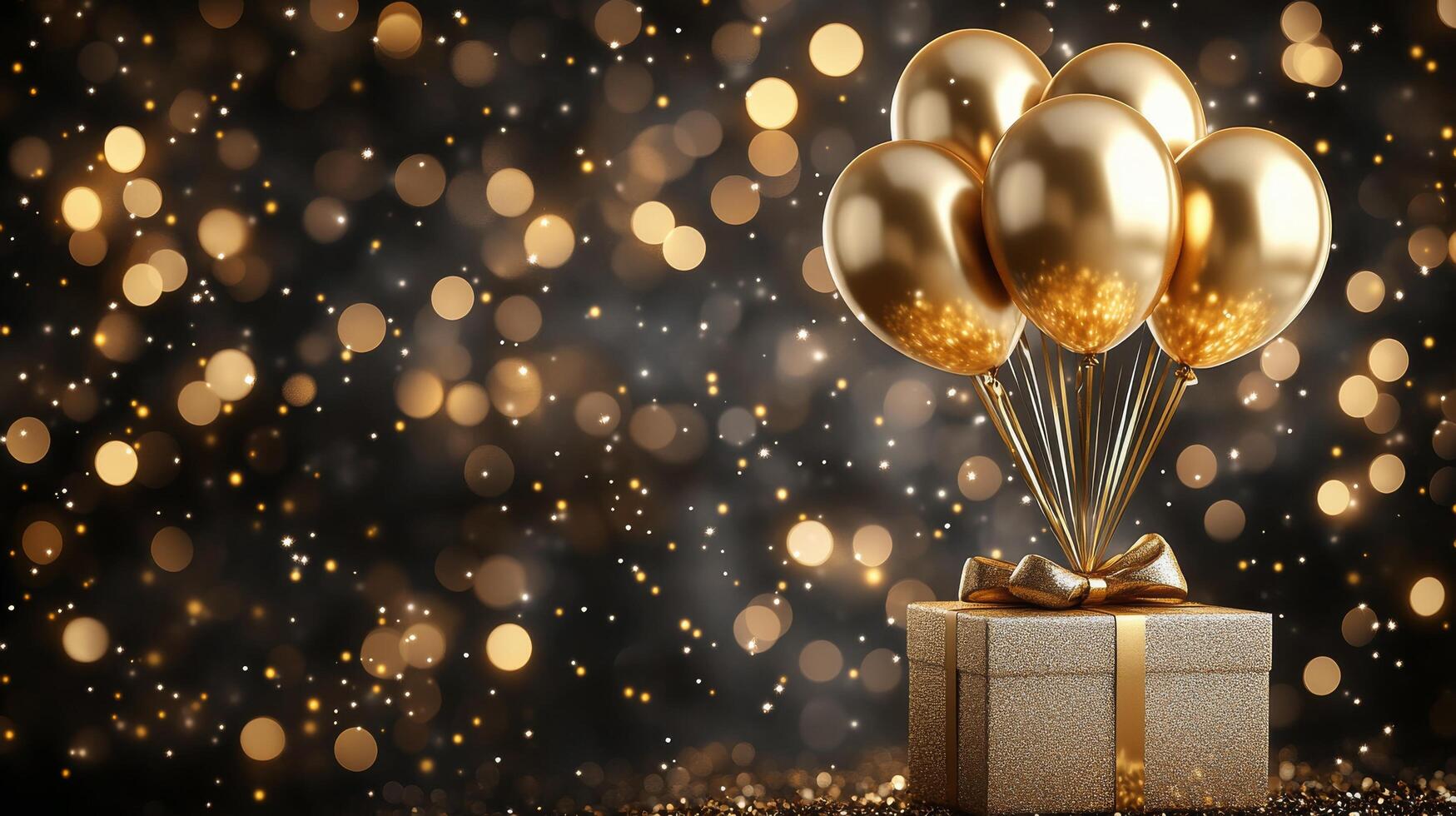 Elegant gift box adorned with golden balloons against a sparkling background for a festive occasion photo