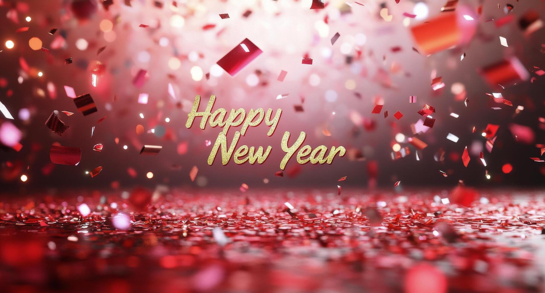 Festive red ornament with Happy New Year message surrounded by colorful decorations and lights photo