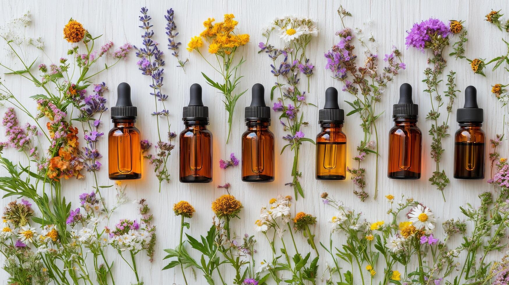 Herbal essential oils arranged with wildflowers on light wooden surface in natural light photo