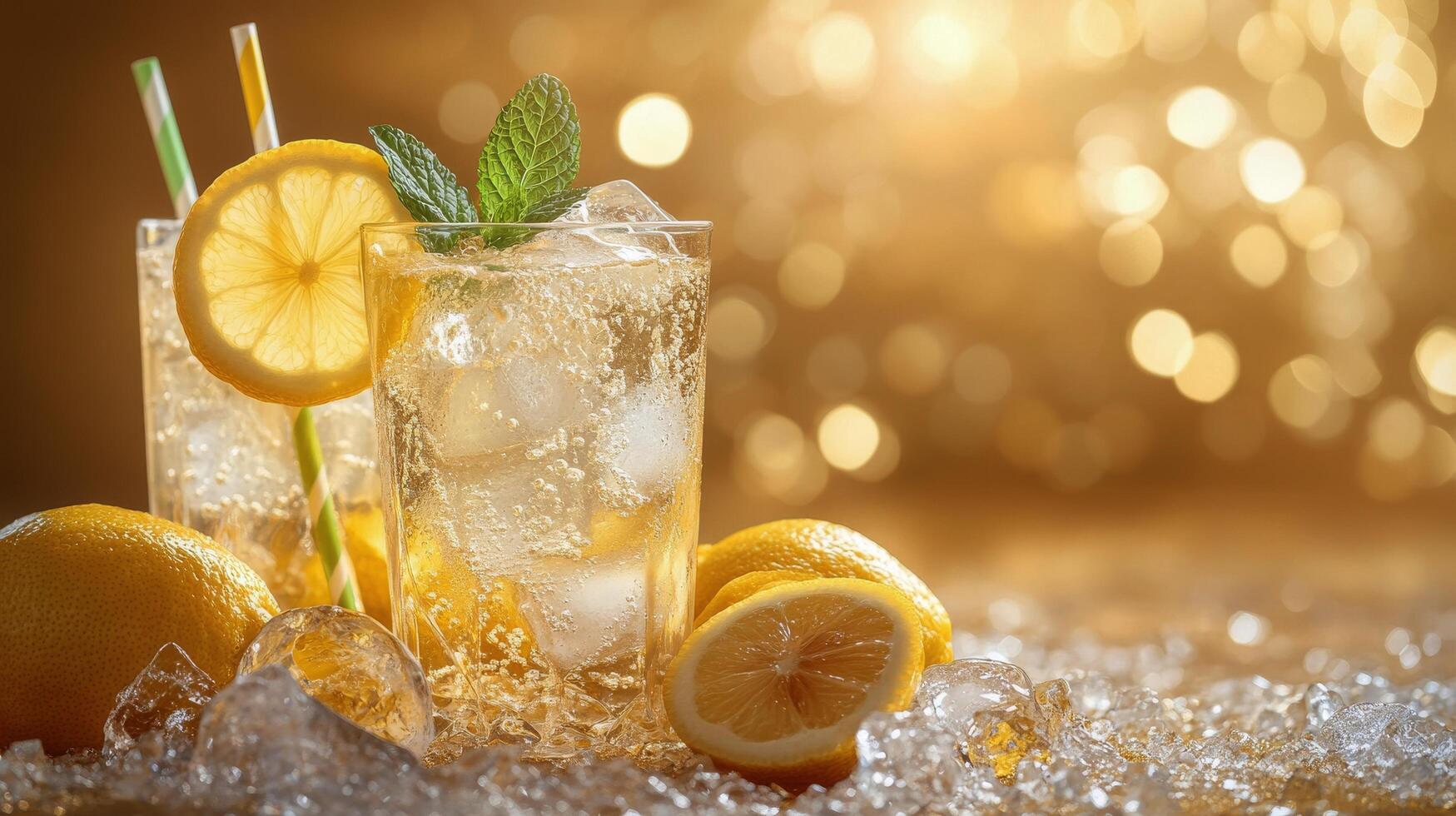 Refreshing lemon cocktail garnished with mint and lemon slices in a sunny outdoor setting photo