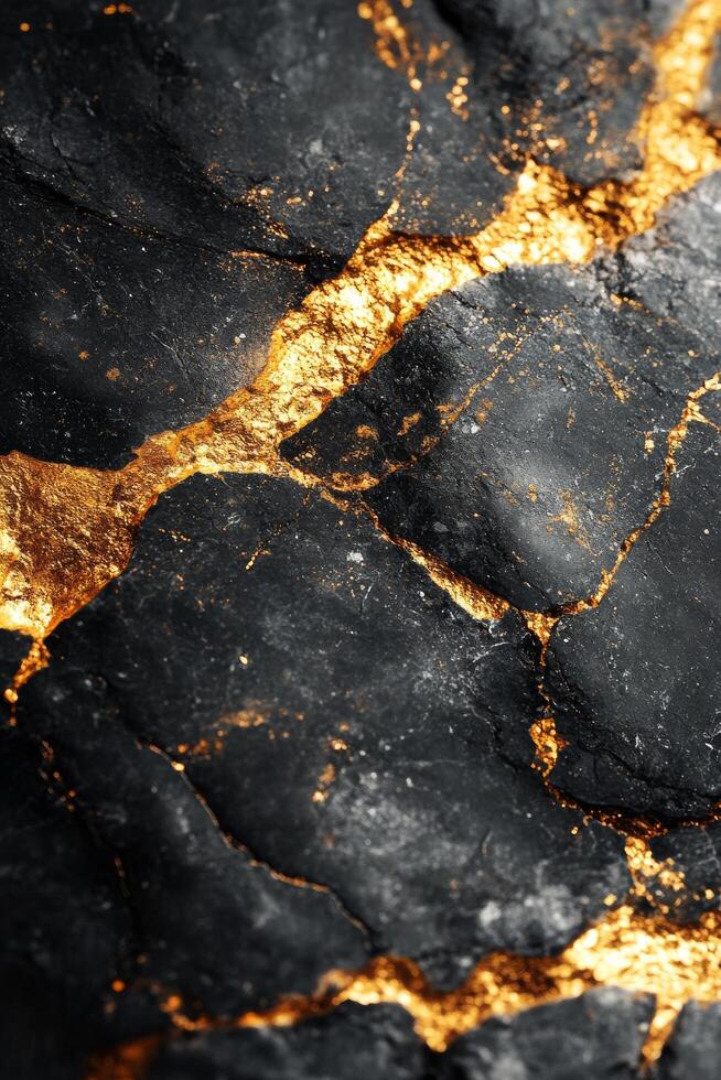 Golden veins of mineral deposits across a dark stone surface under natural light photo