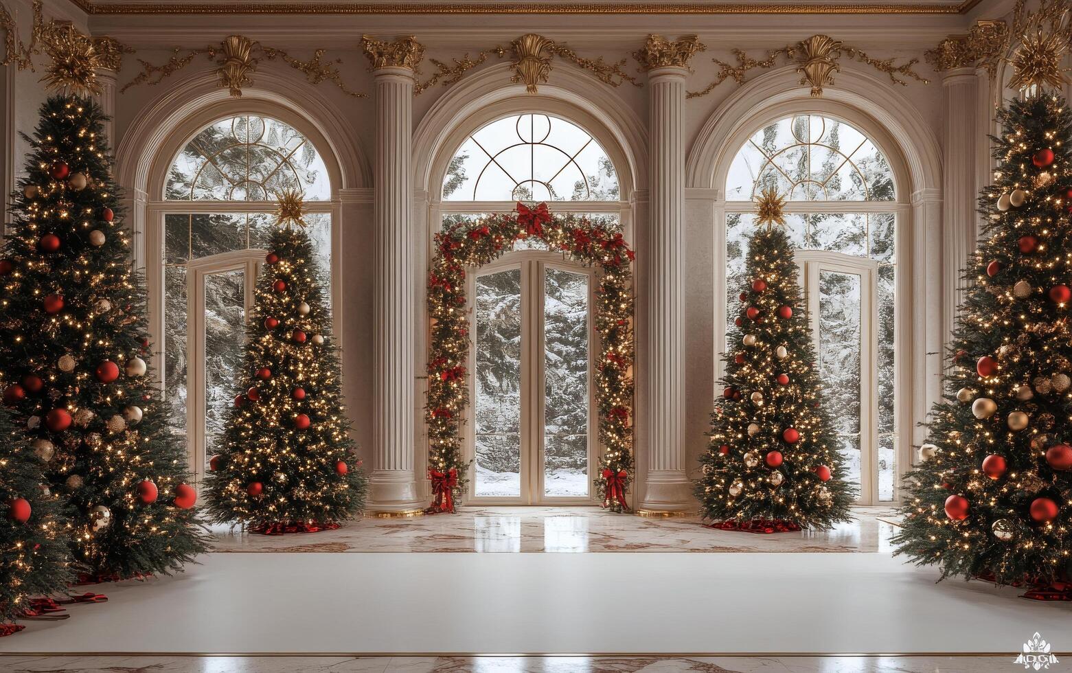 Elegant winter holiday decor in an ornate room with decorated Christmas trees and snowy views photo