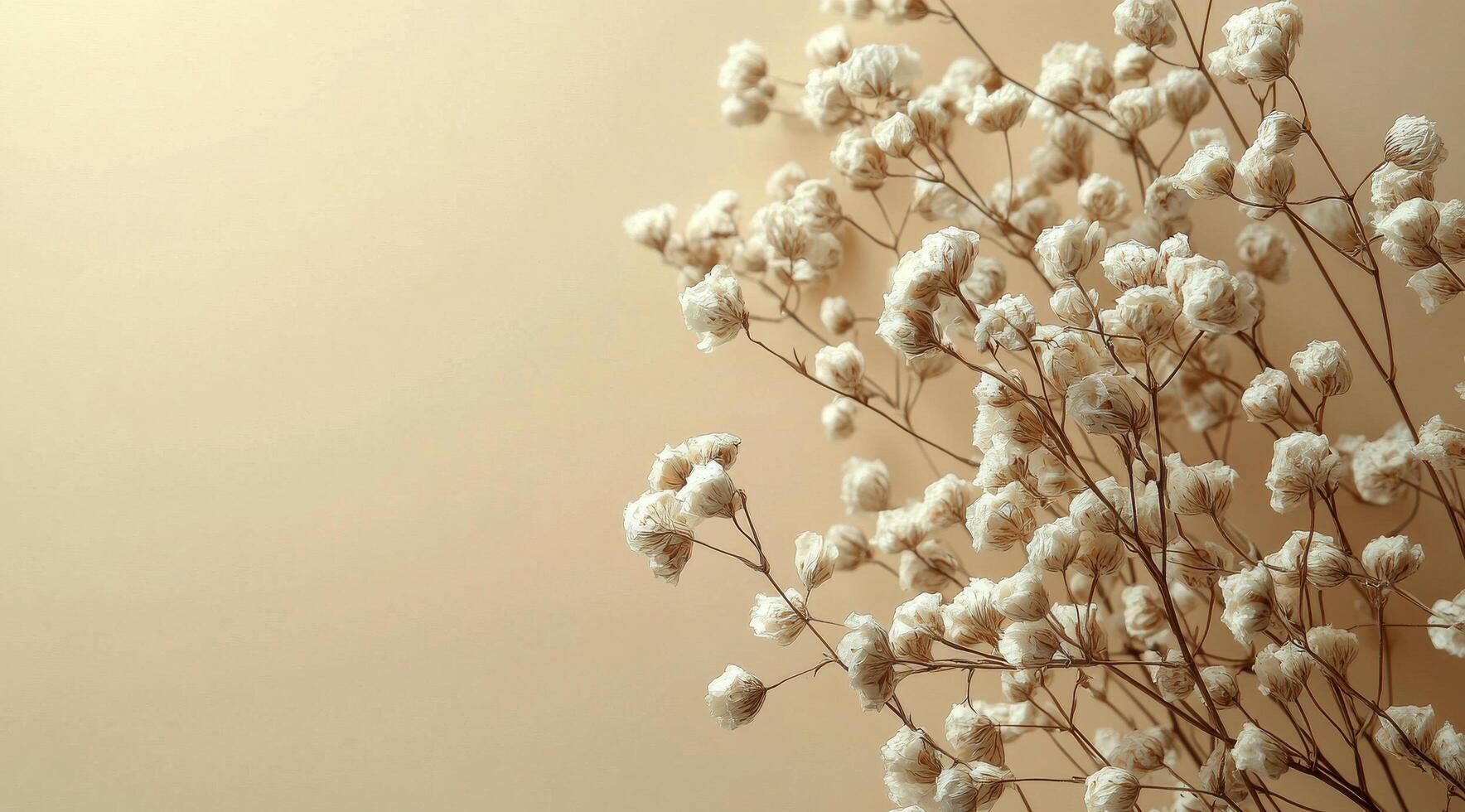 Elegant arrangement of white flowers and delicate branches on soft beige background photo