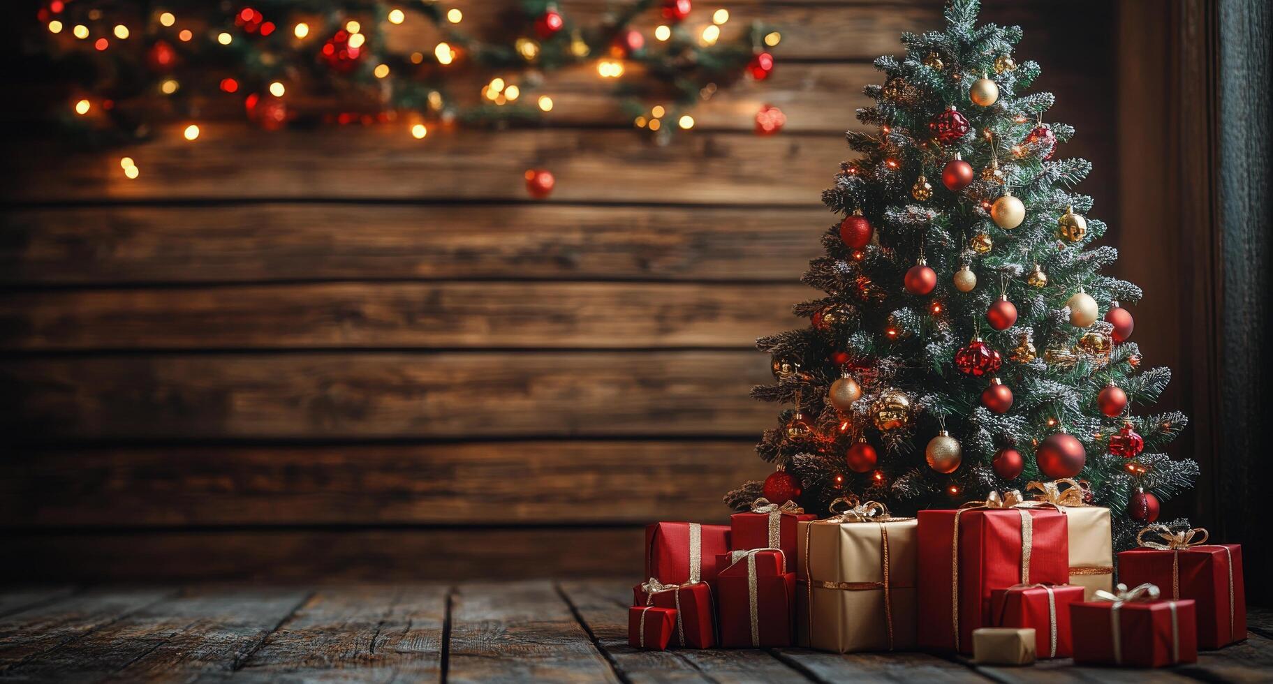 Festively decorated Christmas tree with presents under the branches in a rustic wooden setting photo