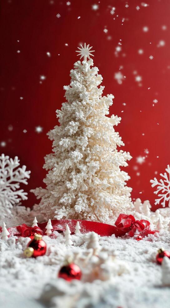 Beautifully decorated artificial Christmas tree in a festive red and white setting with snowflakes photo