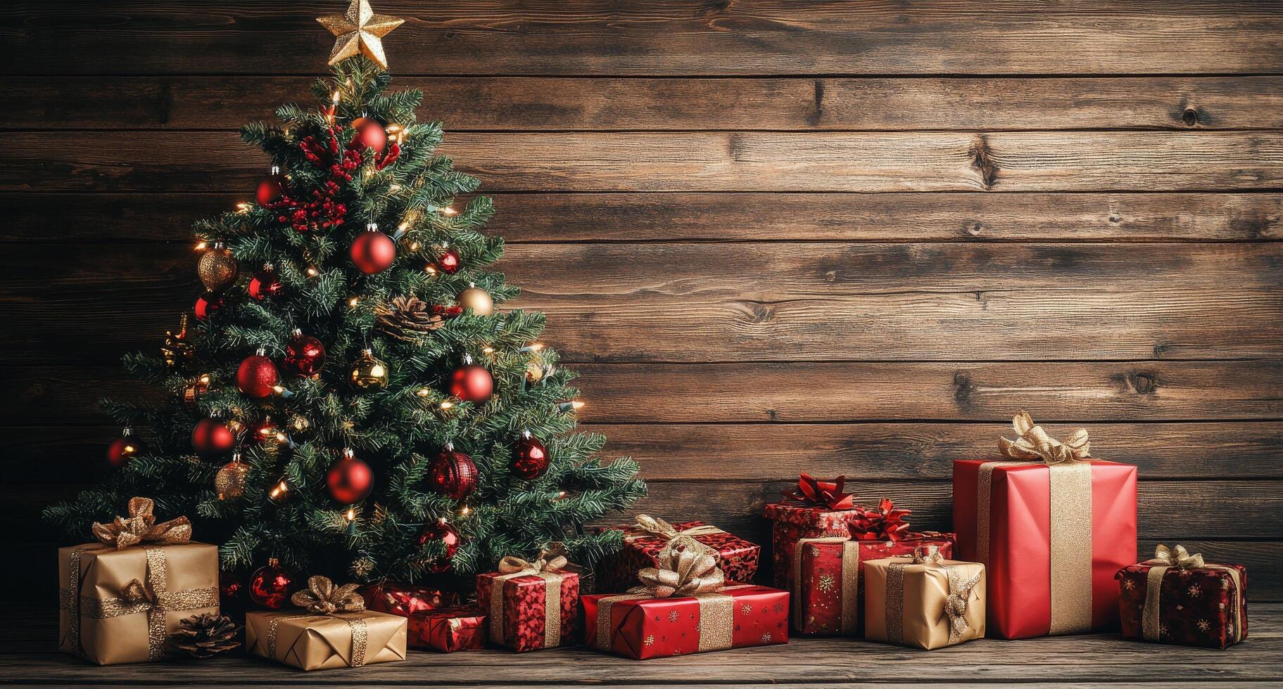 Festively decorated Christmas tree with presents under the branches in a rustic wooden setting photo