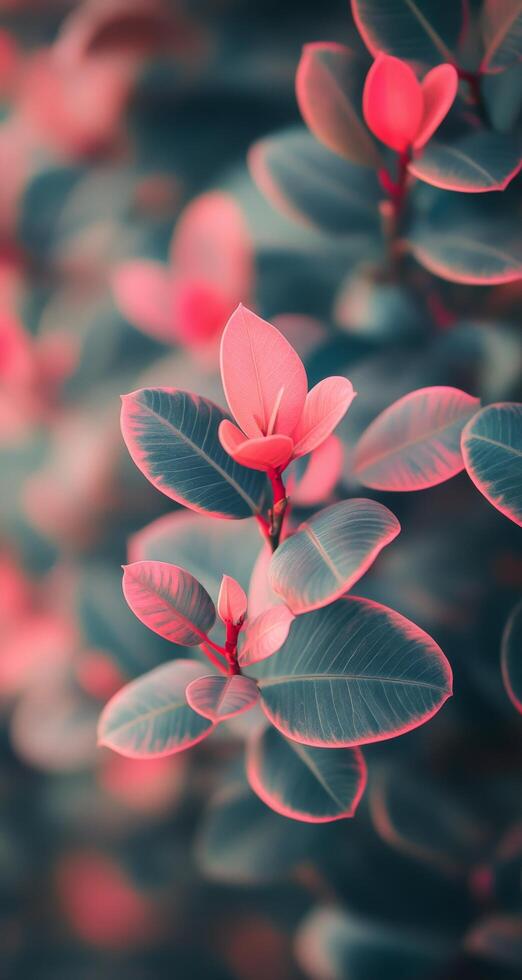 Vibrant red and green leaves contrasting against a soft blurred background in a lush garden photo