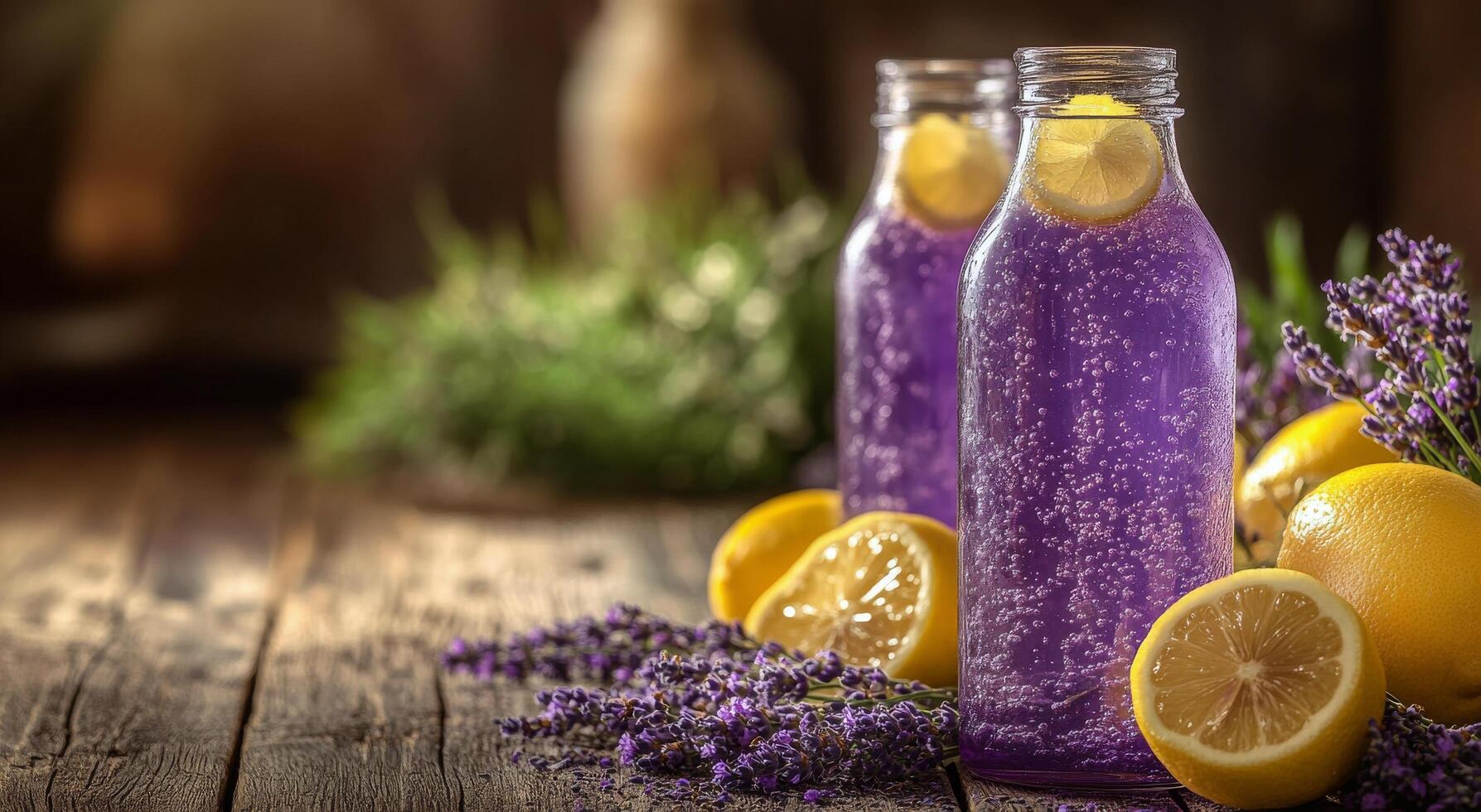 Refreshing lavender lemonade served in bottles with fresh lemons and lavender sprigs outdoors photo