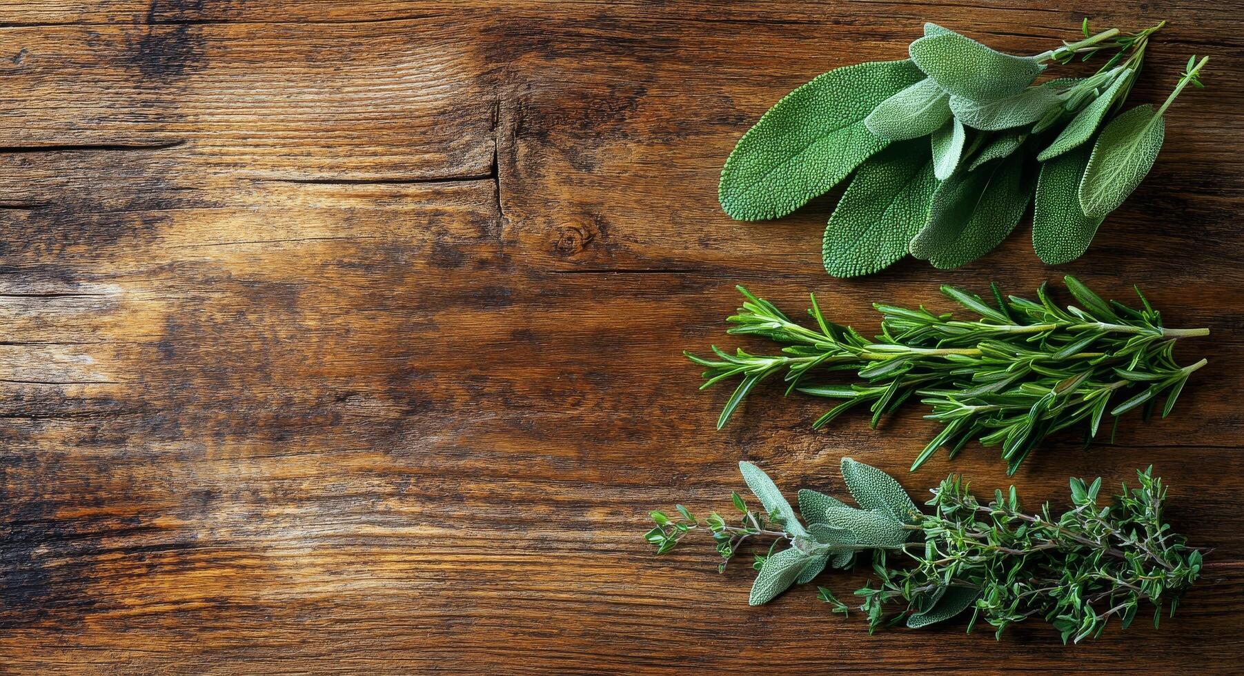 Fresh herbs arranged on a wooden table create a vibrant kitchen atmosphere photo