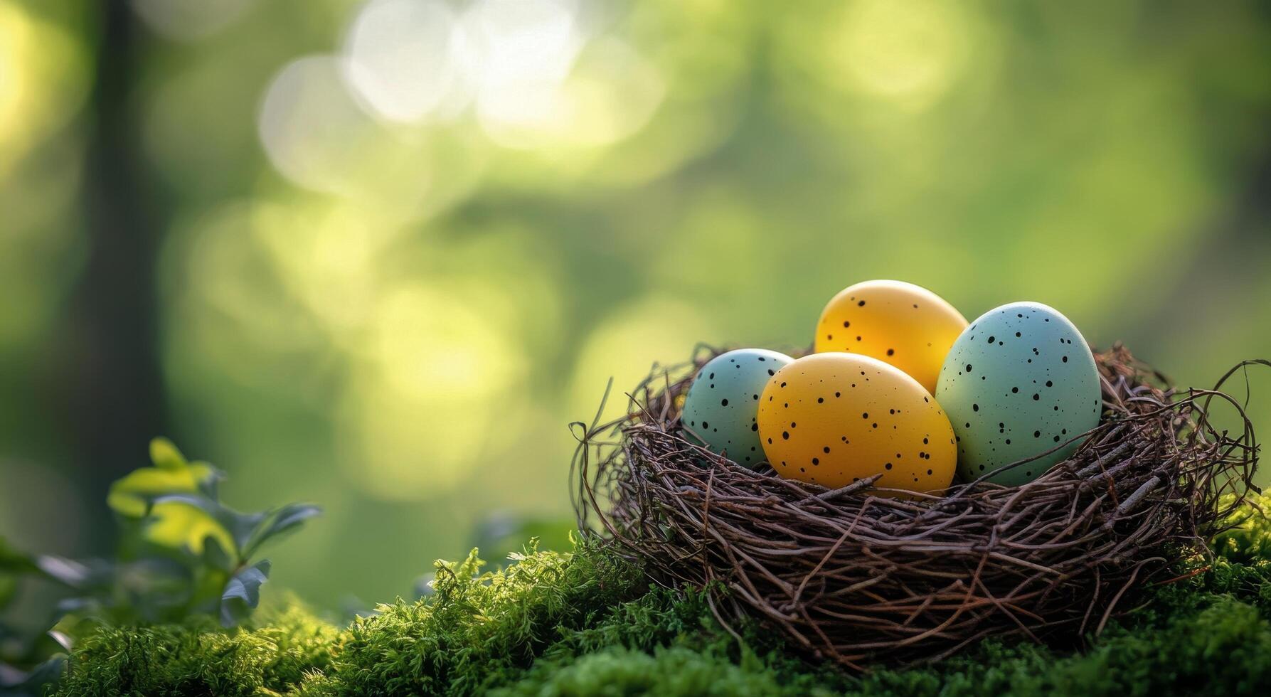 Three speckled eggs nestled in a natural bird's nest on a bed of moss during a sunny afternoon photo