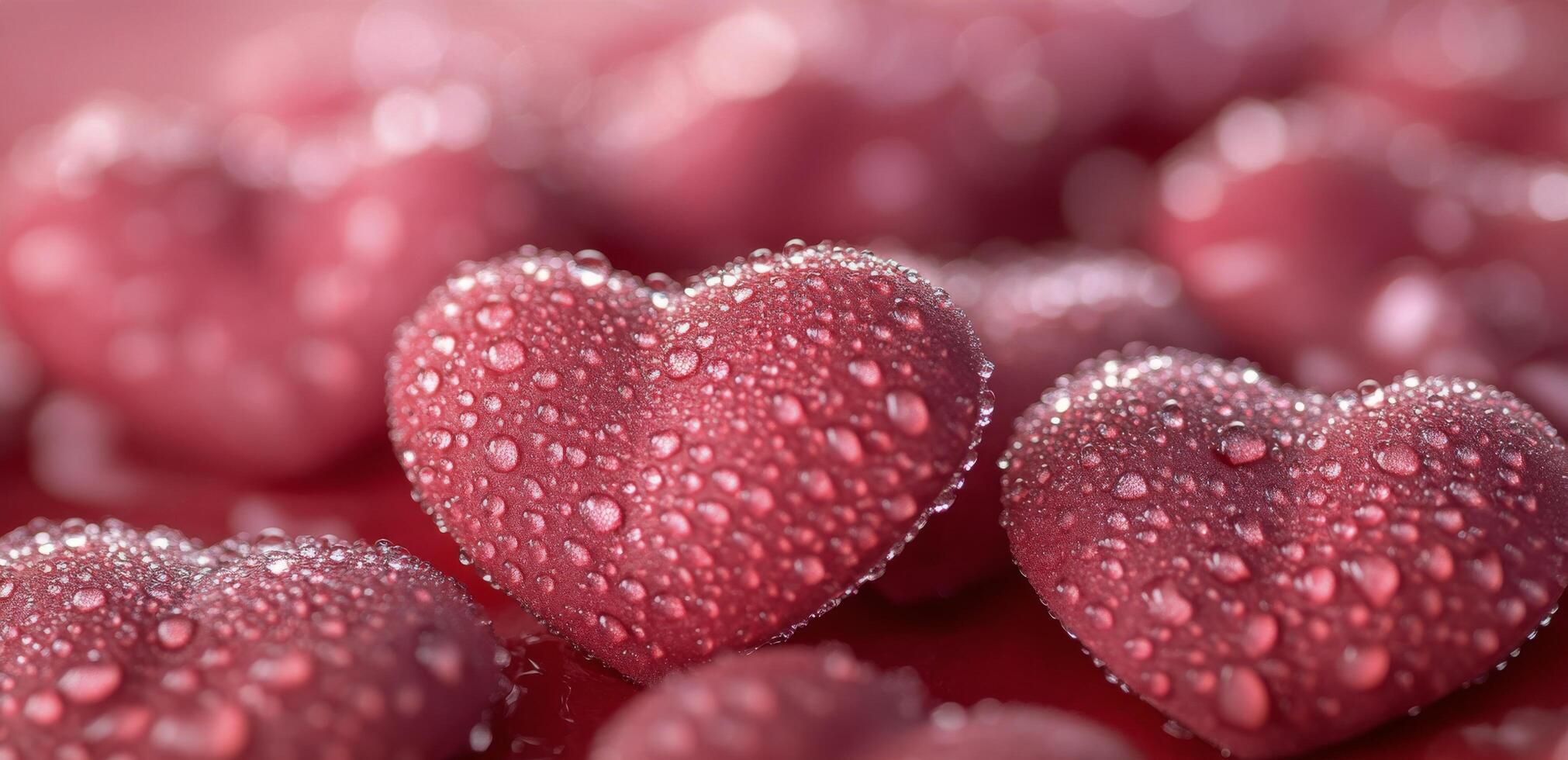 Delicate pink hearts adorned with droplets resting on a wet surface in soft light photo