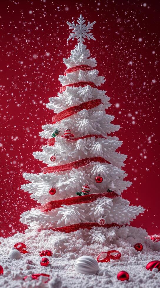 Beautifully decorated artificial Christmas tree in a festive red and white setting with snowflakes photo