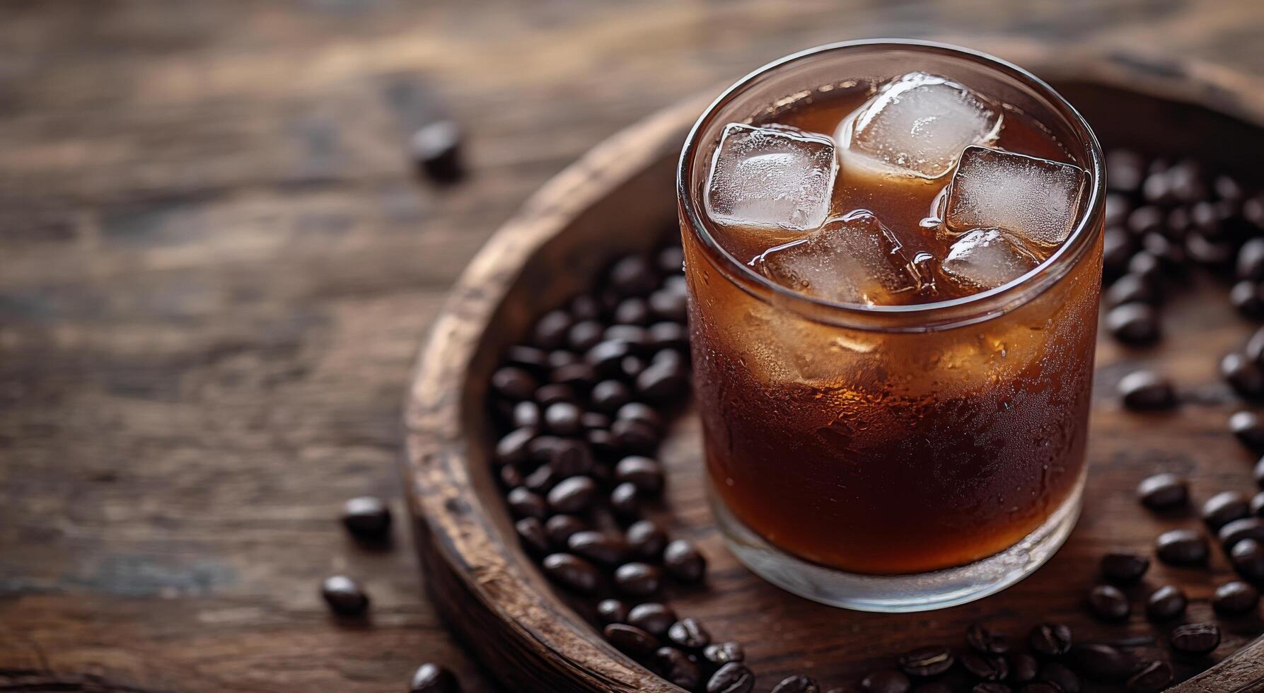 Refreshing iced coffee served in a glass with ice on a rustic wooden table photo