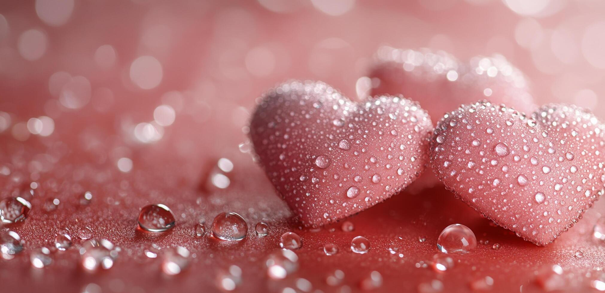 Delicate pink hearts adorned with droplets resting on a wet surface in soft light photo