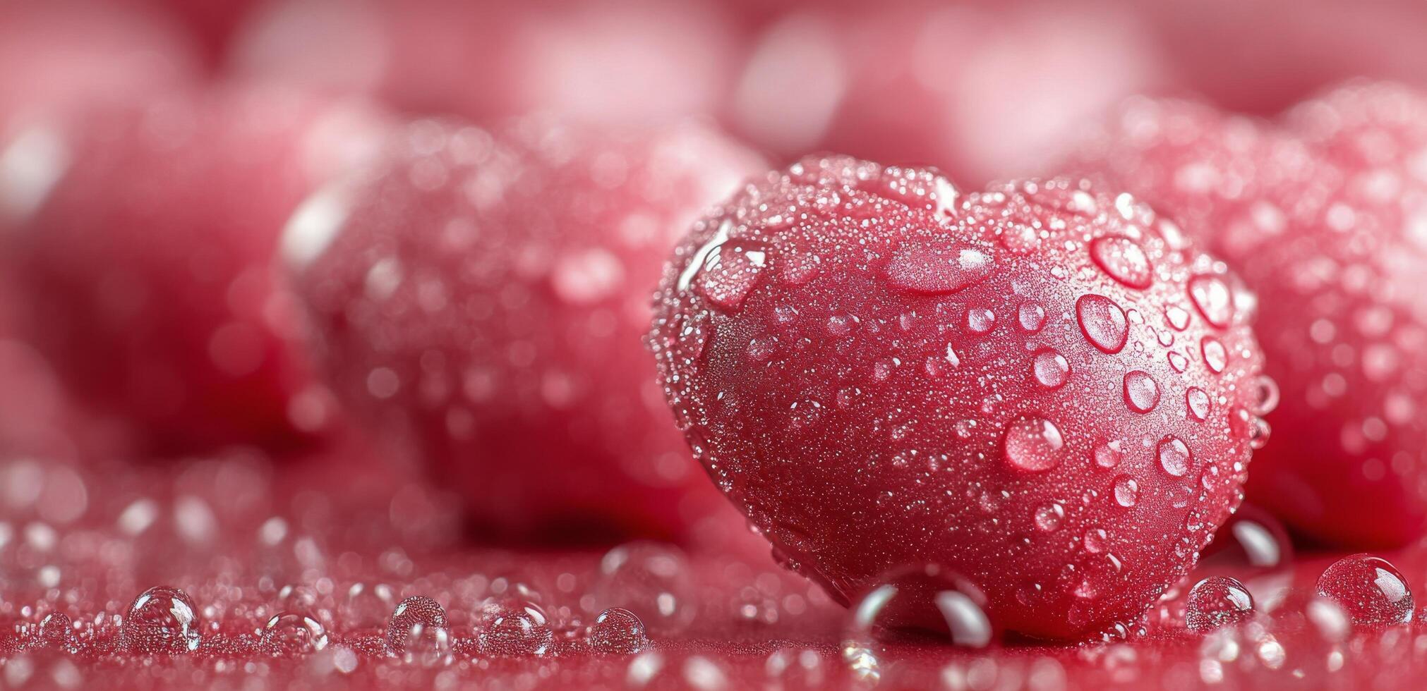 Delicate pink hearts adorned with droplets resting on a wet surface in soft light photo