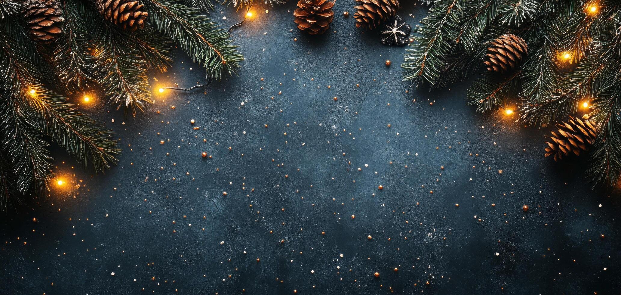 Festive pine branches with glowing lights and pine cones on a dark background in winter photo