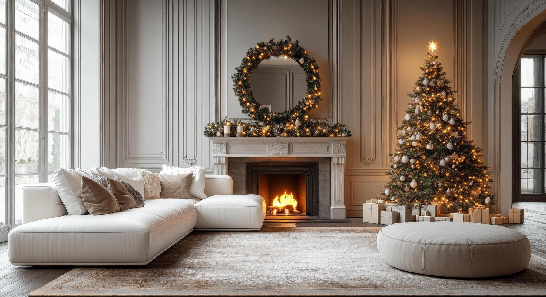 Cozy living room decorated for Christmas with a tree, glowing fireplace, and elegant furnishings photo
