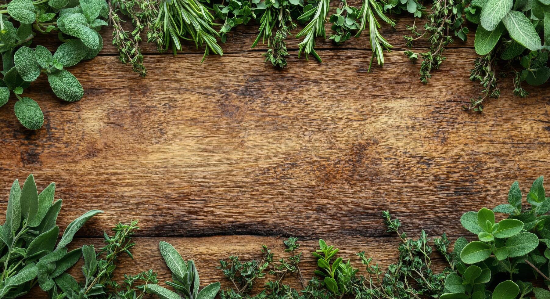 Fresh herbs arranged on a wooden table create a vibrant kitchen atmosphere photo