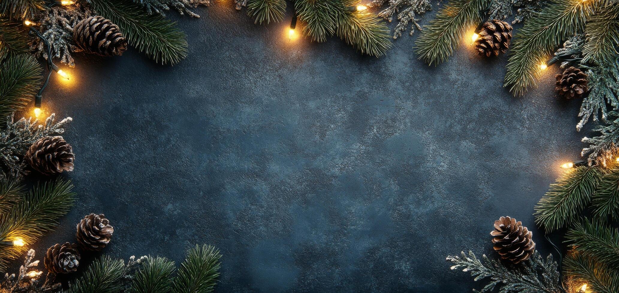 Festive pine branches with glowing lights and pine cones on a dark background in winter photo
