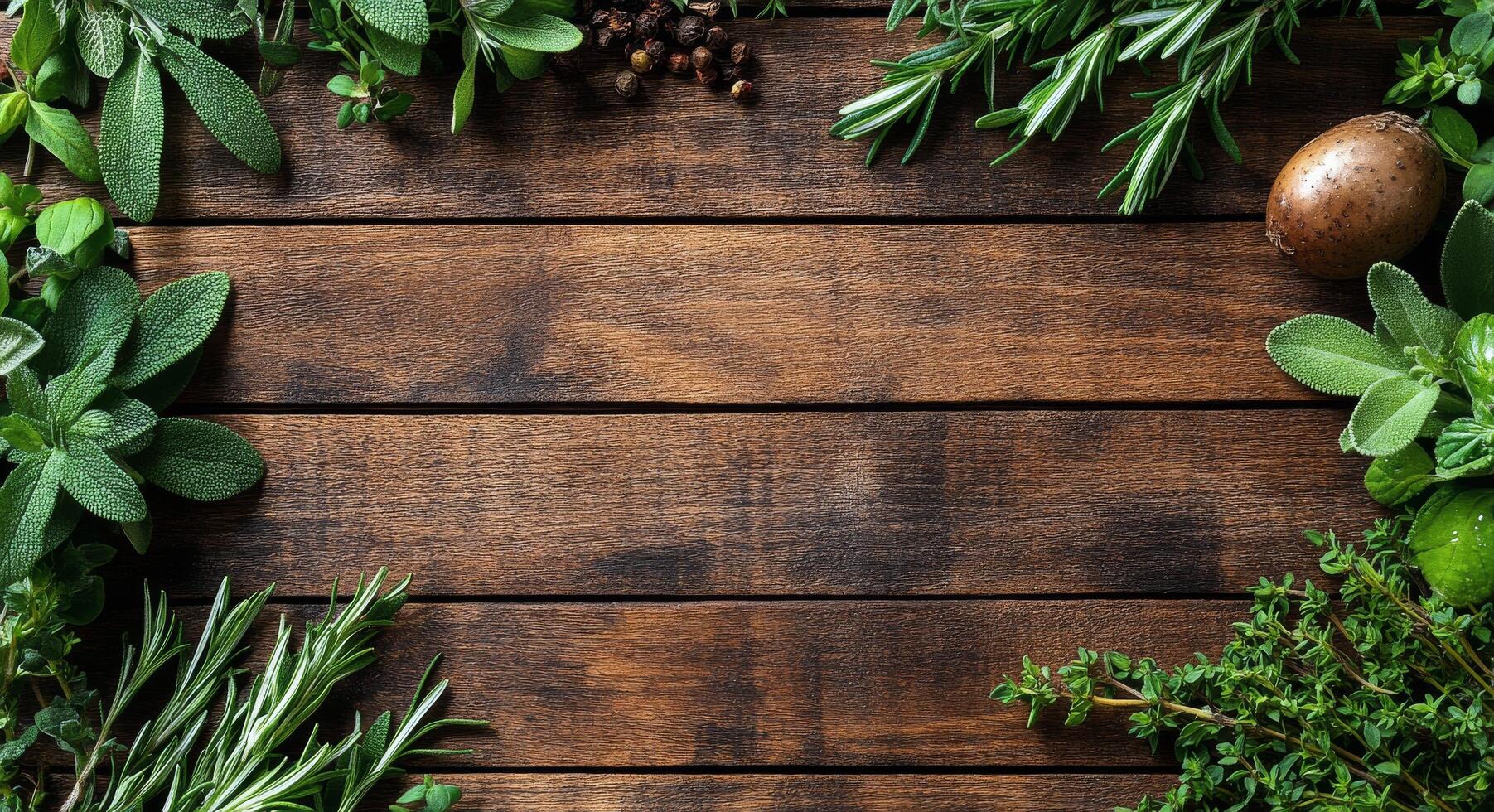 Fresh herbs arranged on a wooden table create a vibrant kitchen atmosphere photo