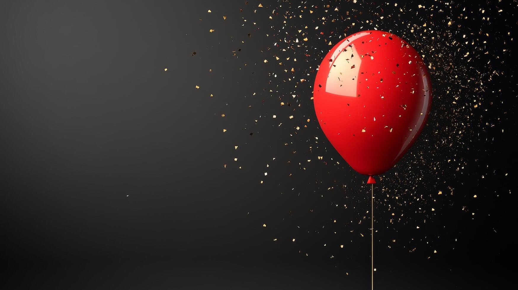 A bright red balloon surrounded by shimmering confetti on a dark background for celebration photo